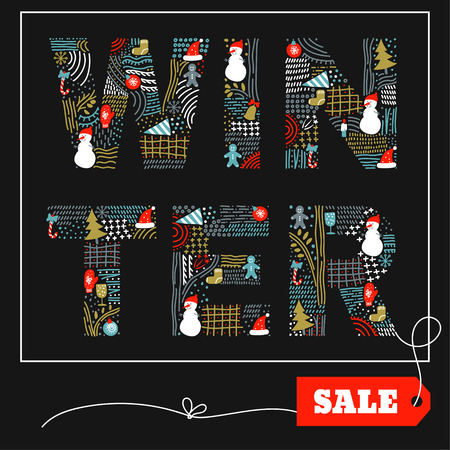 Stylish winter doodle sale card. Winter word made of doodles, snowman, tree, ball.  Winter sale card design. Vector cute background.のイラスト素材