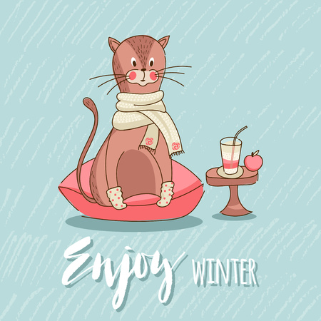 Cute cat sitting on the pillow. Vector illustration.のイラスト素材