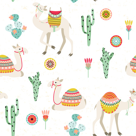 Seamless background with camels with ethnic saddles, cactuses and flowers. Vector illustration.のイラスト素材