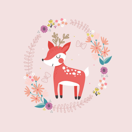 Background with cute cartoon deer on pink background and floral frame.Vector illustration.のイラスト素材