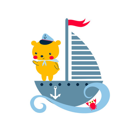 Cute little bear sailor on a boat with a sail  in cartoon style. Vector illustration for children.のイラスト素材