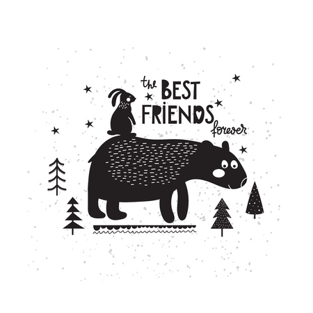Vector background with bear and hare in a doodle style and an inscription - the best friends forever. Black and white illustration.のイラスト素材