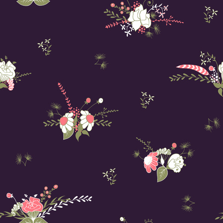 Seamless patern with bouquet of flowers in vintage style on dark background. Retro background in vector for your designのイラスト素材