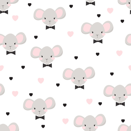 Funny baby pattern with cute mouse with bow and hearts. Childish illustration in vector.のイラスト素材