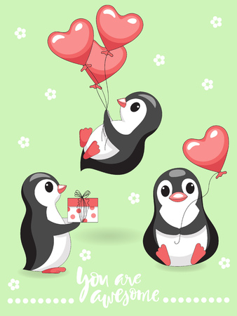 Three cheerful penguin with red balloons in the shape of a heart. Cartoon characters, children's illustration.のイラスト素材
