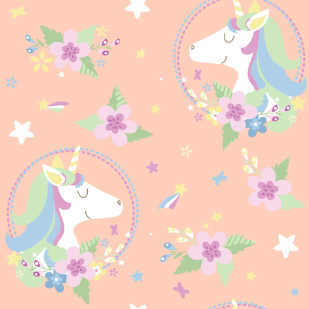 Vector seamless pattern for kids, Magic miracle background with unicorns and flowers.のイラスト素材