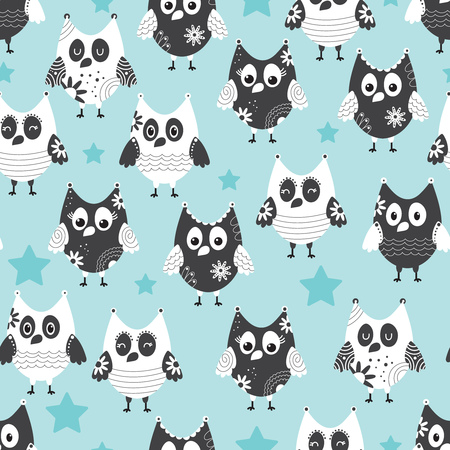 Seamless pattern with doodle owlsのイラスト素材