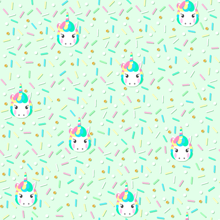 Seamless pattern with unicorn head and sweet color sugar sprinkle on a green background. Vector illustration.のイラスト素材