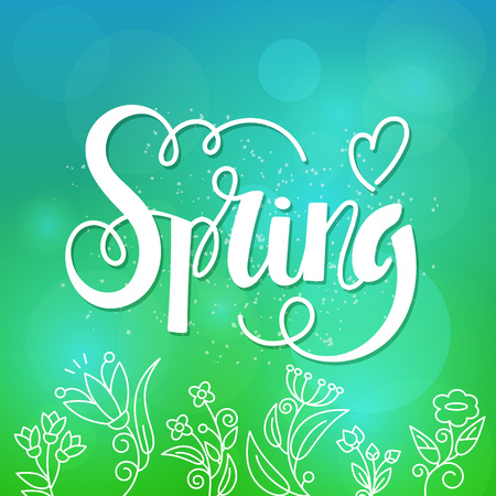 Greeting card or poster with lettering "Spring" Hand-written text on blur  background and flowers.のイラスト素材