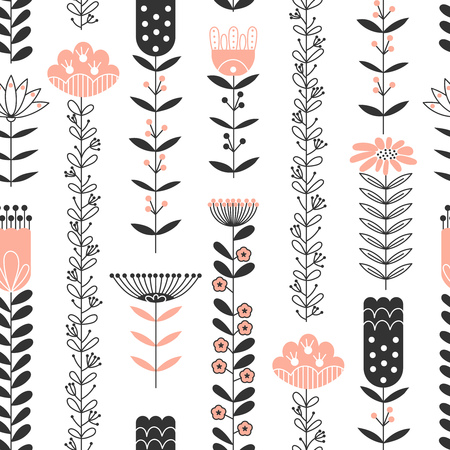 Seamless pattern with black and pink abstract flowers. Vector illustration.のイラスト素材