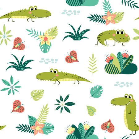 Seamless pattern with cute crocodiles and plants on a white background. Children vector background.のイラスト素材