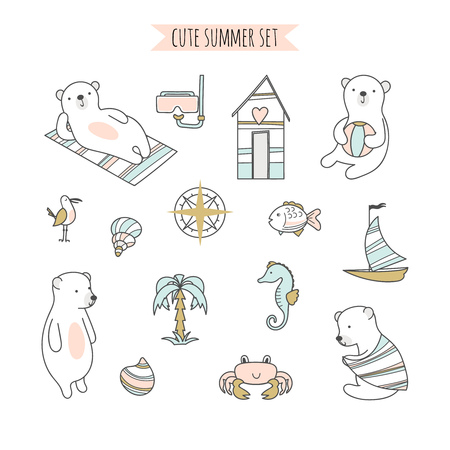 Set with beach items and bearsのイラスト素材