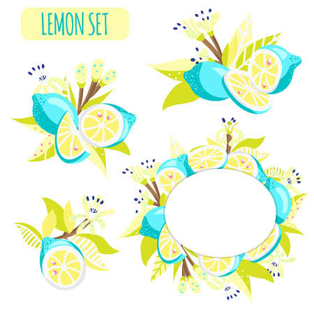 Set with frame and arrangement of lemons, leaves and flowers in bright unusual colors. Vector illustration.のイラスト素材