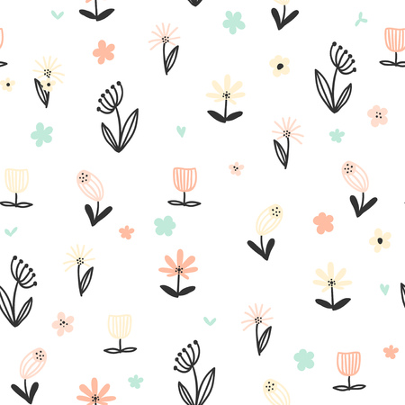 Seamless floral pattern with small abstract flowers on white background. Simple flower vector background.のイラスト素材