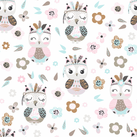 Seamless pattern with cute cartoon owls and flowers in pastel colors on a white background. Vector illustration.のイラスト素材
