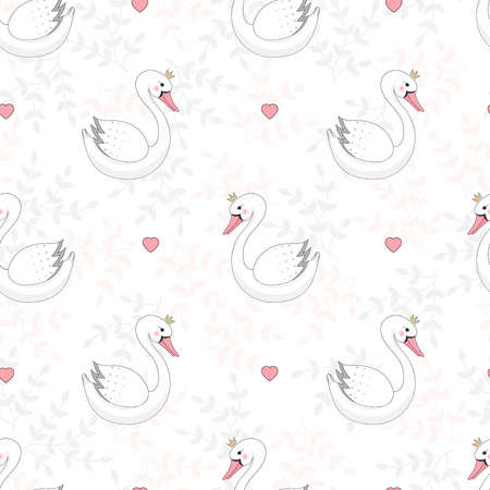 Seamless pattern with cute white swan with crown on floral background. Vector illustration.のイラスト素材