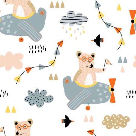Seamless pattern with bears flying on airplanes with clouds and garland flags on a white background. Vector illustration for children.のイラスト素材