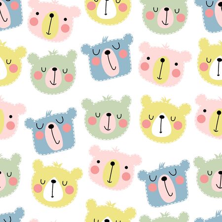 Seamless pattern with cute smiling bear heads on a white background in a pastel color. Kids vector illustration.のイラスト素材
