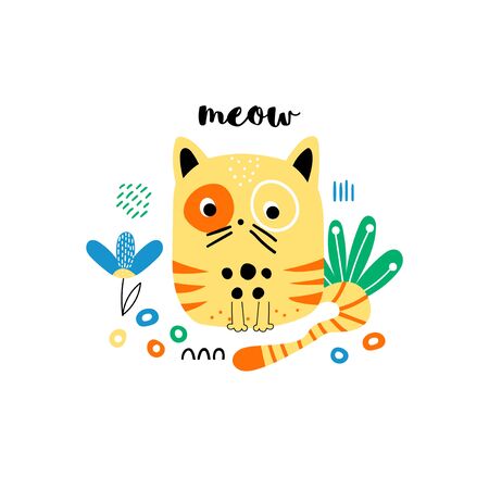 Background with a funny yellow cat and flowers and an inscription - meow in cartoon style. Vector illustration.のイラスト素材