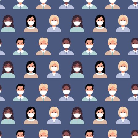 Doctors, nurses, medical staff. Vector seamless pattern with people of different nationalities in masks on a blue background.のイラスト素材