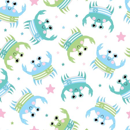 Seamless pattern with funny crabs in striped shirt in cartoon style. Vector background for children.のイラスト素材