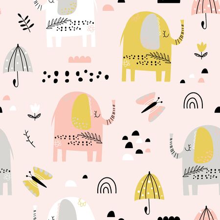 Cute seamless pattern of doodle elephants with an umbrella in different colors on a light pink background. Kids illustration in a vector.のイラスト素材