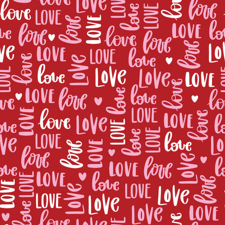 Valentine day seamless pattern with hand written word - Love on a red background in vector. Template for postcards, wallpaper, textile, scrapbooking and wrapping paper.のイラスト素材