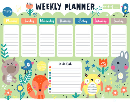 Kids weekly planner and to do list with cute forest animals in doodle style. A timetable for elementary school. Vector illustration.のイラスト素材