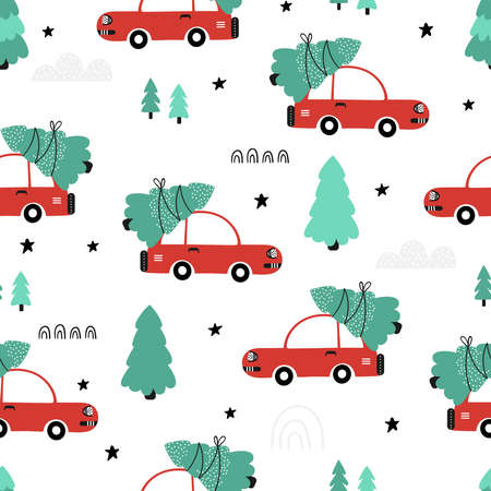 Vector seamless pattern with red car and Christmas tree on the roof on white background. Holiday ornament.のイラスト素材