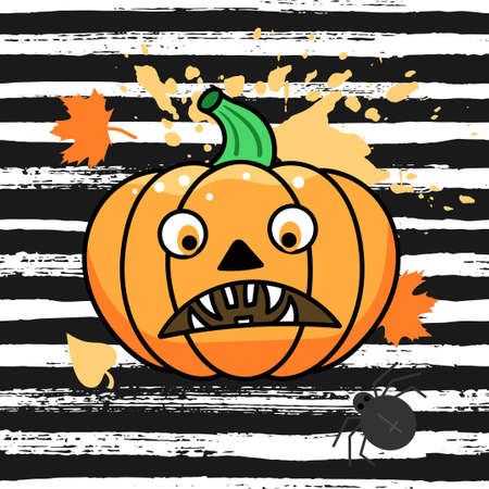 Halloween pumpkin with a scary face and autumn leaves on a striped background. Vector illustration.のイラスト素材