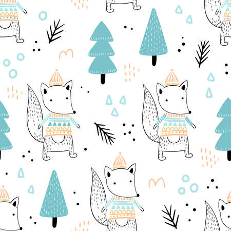 Seamless pattern with cute hand drawn foxes in a sweater and hat on a forest background. Vector illustration for children.のイラスト素材
