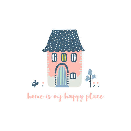 Funny cartoon house with tree and dog and the inscription Isolated on white background. Vector illustration.のイラスト素材