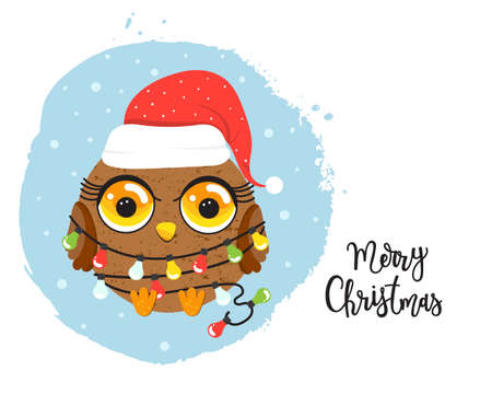 Cute cartoon owl in red hat with multi-colored Christmas lights. Christmas vector illustration.のイラスト素材
