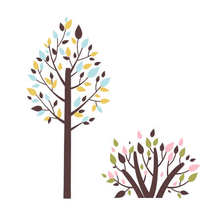 Tree and bush isolated on white background in cartoon style. Vector illustration.のイラスト素材