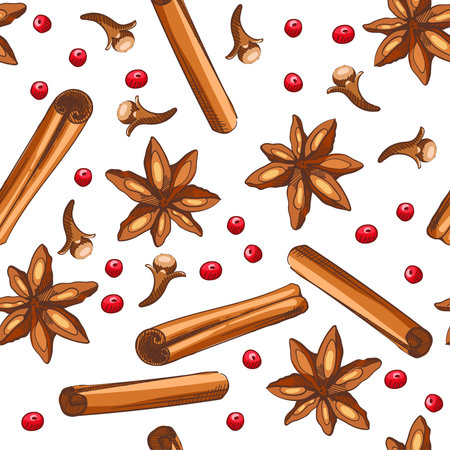 Seamless vector background with herbs for tea or mulled wine. Pattern with cinnamon, anise and clove on a white background. Background for your design.のイラスト素材