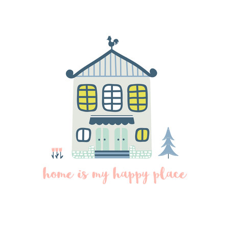 Cartoon house with tree and flowers and inscription isolated on white background. Vector illustration.のイラスト素材