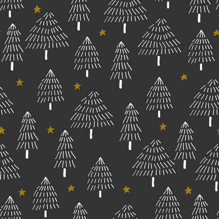 Seamless pattern with hand painted trees, and stars on a black background. Vector illustration.のイラスト素材