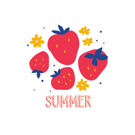Hand drawn abstract strawberries and flowers composition Isolated on white background. Cute fruit for t shirt print, poster or card.のイラスト素材