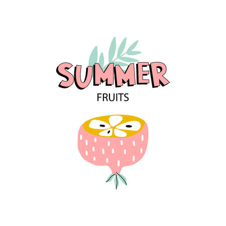 Funny background with text - summer fruits and abstract orange isolated on white background. Vegetarian and vegan food in modern design. Vector illustration.のイラスト素材