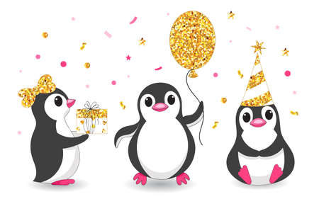 Three penguins with balloons, gift boxes and a funny hat with golden sparkles. Vector illustration.のイラスト素材