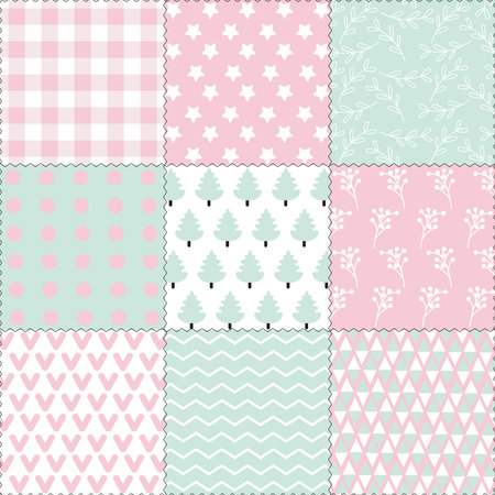 Seamless pattern for children in patchwork style with trees, stars and geometric elements in pastel color. Vector illustration.のイラスト素材