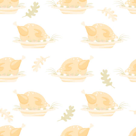 Seamless pattern with baked festive turkey and vegetables on a plate in light color. Thanksgiving day dinner vector background.のイラスト素材
