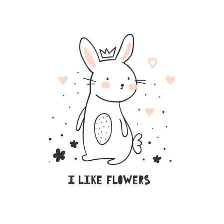 Cute bunny girl with crown, hearts and flowers isolated on white background. Vector illustration for children. perfect for fashion print design, baby shower and invitation card.のイラスト素材