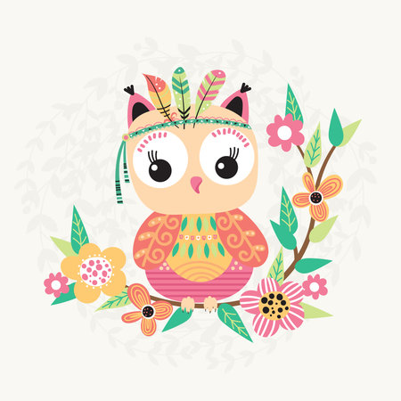 Cute owl with feather on a branch with flowers. Children illustration in vector.のイラスト素材