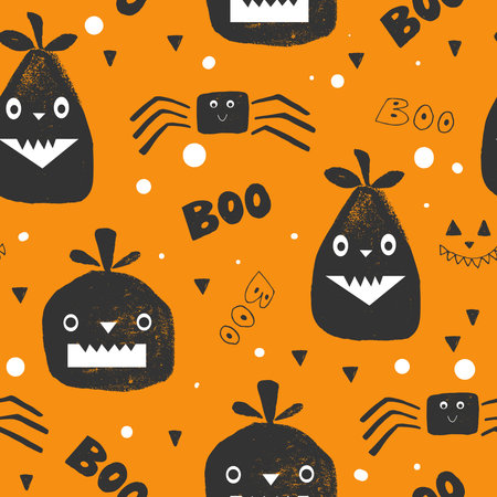 Seamless pattern with black Halloween pumpkins with carved faces on an orange background.のイラスト素材