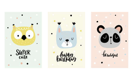 Set of cards with cute animals for baby room, baby shower, birthday card, kids and baby t-shirts. Hand drawn nursery illustration.のイラスト素材