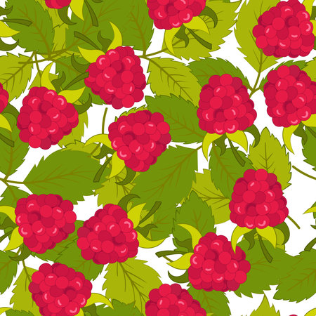 Seamless pattern with leaves and raspberry. Background for your design with bright, contrasting red...