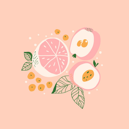 Abstract hand drawn fruit composition on a pink background. Orange or grapefruit, medlar and peach vector Illustration. Design print for summer season.のイラスト素材