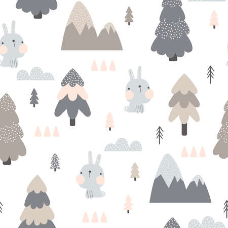 Seamless pattern with cute hares and trees in cartoon style on a white background. Vector illustration.のイラスト素材