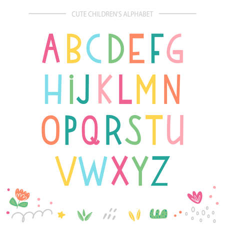 Cute childish colorful alphabet in a doodle style isolated on white background. Vector illustration.のイラスト素材